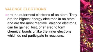 are the outermost electrons of an atom. They
are the highest energy electrons in an atom
and are the most reactive. Valence electrons
can be gained, lost, or shared to form
chemical bonds unlike the inner electrons
which do not participate in reactions.
 