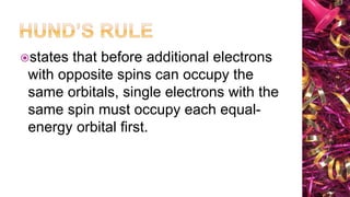 states that before additional electrons
with opposite spins can occupy the
same orbitals, single electrons with the
same spin must occupy each equal-
energy orbital first.
 