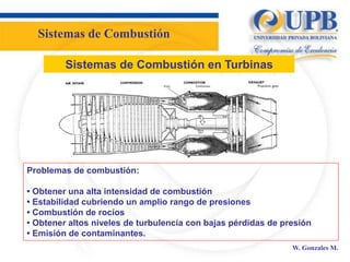 W. Gonzales M.
Sistemas de Combustión en Turbinas
Problemas de combustión:
• Obtener una alta intensidad de combustión
• Estabilidad cubriendo un amplio rango de presiones
• Combustión de rocíos
• Obtener altos niveles de turbulencia con bajas pérdidas de presión
• Emisión de contaminantes.
Sistemas de Combustión
 