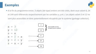 27
Exemples
§ A la fin du programme entier, 5 objets (de type) entiers ont été créés, dont ceux valant 6, 24
et 144 sont référencés respectivement par les variables x, y et z. Les objets valant 3 et 12 ne
sont plus accessibles et donc potentiellement récupérés par le système (garbage collector).
 