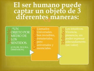 (COLOR, FIGURA,
DIMENSION)

Llamados
Universales.
Son invisibles,
inmateriales,
pero
universales y
escenciales.

Holístico:

Sensible:

*UN
OBJETO POR
MEDIO DE
LOS
SENTIDOS.

Conceptual:

El ser humano puede
captar un objeto de 3
diferentes maneras:

Los intuitivos.
Vivencia,
presencia, sin
poder expresar
adecuadamente.
(un valor)

 
