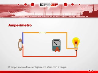 A
Amperímetro
O amperímetro deve ser ligado em série com a carga.
 