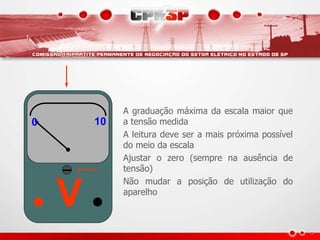 V
0 10
0 10
A graduação máxima da escala maior que
a tensão medida
A leitura deve ser a mais próxima possível
do meio da escala
Ajustar o zero (sempre na ausência de
tensão)
Não mudar a posição de utilização do
aparelho
 