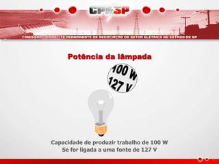 Potência da lâmpada
Capacidade de produzir trabalho de 100 W
Se for ligada a uma fonte de 127 V
 