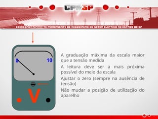 V
0 10
0 10
A graduação máxima da escala maior
que a tensão medida
A leitura deve ser a mais próxima
possível do meio da escala
Ajustar o zero (sempre na ausência de
tensão)
Não mudar a posição de utilização do
aparelho
 