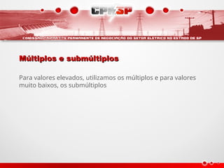 Múltiplos e submúltiplos
Múltiplos e submúltiplos
Para valores elevados, utilizamos os múltiplos e para valores
muito baixos, os submúltiplos
 
