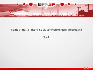 Como vimos a leitura do wattímetro é igual ao produto
V x I
 