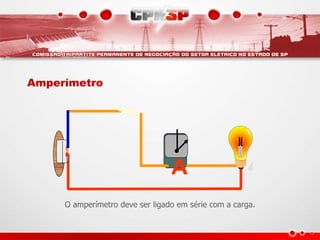 A
A
Amperímetro
O amperímetro deve ser ligado em série com a carga.
 