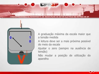 V
0 1
0
0 1
0
A graduação máxima da escala maior que
a tensão medida
A leitura deve ser a mais próxima possível
do meio da escala
Ajustar o zero (sempre na ausência de
tensão)
Não mudar a posição de utilização do
aparelho
 