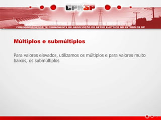 Múltiplos e submúltiplos
Para valores elevados, utilizamos os múltiplos e para valores muito
baixos, os submúltiplos
 