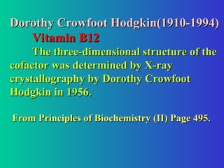 Dorothy Crowfoot Hodgkin(1910-1994)
Dorothy Crowfoot Hodgkin(1910-1994)
Vitamin B12
Vitamin B12
The three-dimensional structure of the
The three-dimensional structure of the
cofactor was determined by X-ray
cofactor was determined by X-ray
crystallography by Dorothy Crowfoot
crystallography by Dorothy Crowfoot
Hodgkin in 1956.
Hodgkin in 1956.
From Principles of Biochemistry (II) Page 495.
From Principles of Biochemistry (II) Page 495.
 