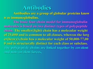 Antibodies
Antibodies
Antibodies are a group of globular proteins know
Antibodies are a group of globular proteins know
n as immunoglobulins.
n as immunoglobulins.
The basic four-chain model for immunoglobulin
The basic four-chain model for immunoglobulin
molecules is based on two distinct types of polypeptide
molecules is based on two distinct types of polypeptide
chain.
chain. The smaller(light) chain has a molecular weight
The smaller(light) chain has a molecular weight
of 25,000 and is common to all classes, whereas the larg
of 25,000 and is common to all classes, whereas the larg
er(heavy) chain has a molecular weight of 50,000-77,00
er(heavy) chain has a molecular weight of 50,000-77,00
0 and is structurally distinct for each class or subclass.
0 and is structurally distinct for each class or subclass.
The polypeptide chains are linked together by covalent
The polypeptide chains are linked together by covalent
and non-covalent forces
and non-covalent forces.
 