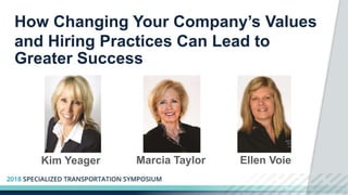 How Changing Your Company’s Values
and Hiring Practices Can Lead to
Greater Success
Kim Yeager Marcia Taylor Ellen Voie
 