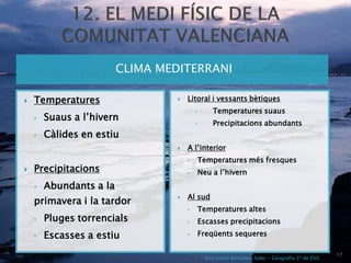 CLIMA MEDITERRANI

   Temperatures                     Litoral i vessants bètiques
                                          •        Temperatures suaus
    •   Suaus a l’hivern
                                          •        Precipitacions abundants
    •   Càlides en estiu
                                     A l’interior
                                      •       Temperatures més fresques
   Precipitacions                    •       Neu a l’hivern
    •   Abundants a la
                                      Al sud
    primavera i la tardor
                                  

                                      •       Temperatures altes
    •   Pluges torrencials            •       Escasses precipitacions

    •   Escasses a estiu              •       Freqüents sequeres

                                                                                                  17
                                                Ana Isabel Bernabeu Soler - Geografía 3º de ESO
 