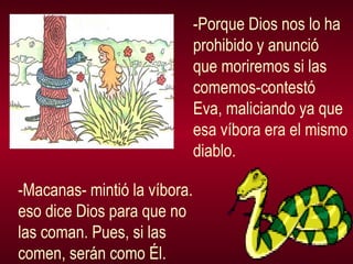 -Porque Dios nos lo ha prohibido y anunció que moriremos si las  comemos-contestó Eva, maliciando ya que esa víbora era el mismo diablo. -Macanas- mintió la víbora.  eso dice Dios para que no las coman. Pues, si las comen, serán como Él. 