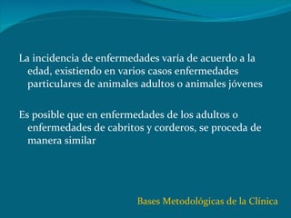 La incidencia de enfermedades varía de acuerdo a la edad, existiendo en varios casos enfermedades  particulares de animales adultos o animales jóvenes Es posible que en enfermedades de los adultos o enfermedades de cabritos y corderos, se proceda de manera similar Bases Metodológicas de la Clínica 