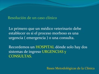 Lo primero que un médico veterinario debe establecer es si el proceso morboso es una urgencia ( emergencia ) o una consulta.  Recordemos un  HOSPITAL  dónde solo hay dos sistemas de ingreso  URGENCIAS y CONSULTAS.  Bases Metodológicas de la Clínica Resolución de un caso clínico 