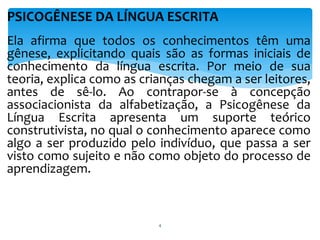PSICOGÊNESE DA LÍNGUA ESCRITA 
Ela afirma que todos os conhecimentos têm uma 
gênese, explicitando quais são as formas iniciais de 
conhecimento da língua escrita. Por meio de sua 
teoria, explica como as crianças chegam a ser leitores, 
antes de sê-lo. Ao contrapor-se à concepção 
associacionista da alfabetização, a Psicogênese da 
Língua Escrita apresenta um suporte teórico 
construtivista, no qual o conhecimento aparece como 
algo a ser produzido pelo indivíduo, que passa a ser 
visto como sujeito e não como objeto do processo de 
aprendizagem. 
4 
 