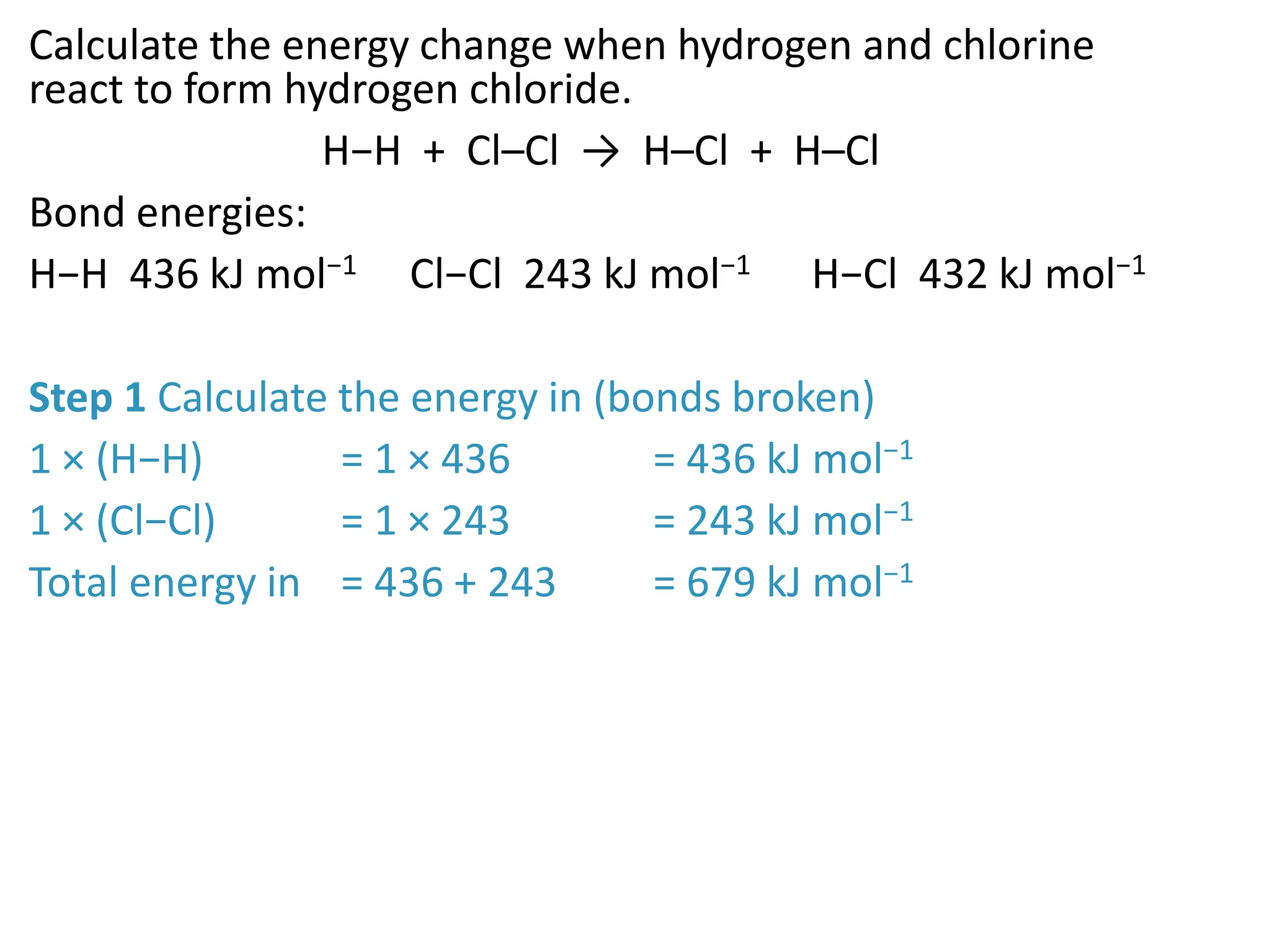 Hydrogen and chlorine bond-energy calculation