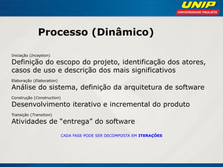 Processo (Dinâmico) 
Iniciação (Inception) 
Definição do escopo do projeto, identificação dos atores, casos de uso e descrição dos mais significativos 
Elaboração (Elaboration) 
Análise do sistema, definição da arquitetura de software 
Construção (Construction) 
Desenvolvimento iterativo e incremental do produto 
Transição (Transition) 
Atividades de “entrega” do software 
CADA FASE PODE SER DECOMPOSTA EM ITERAÇÕES  