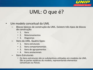 UML: O que é? 
•Um modelo conceitual da UML 
–Blocos básicos de construção da UML. Existem três tipos de blocos de construção: 
•1. Itens 
•2. Relacionamentos 
•3. Diagramas 
–Itens da UML. Quatro tipos: 
•1. Itens estruturais 
•2. Itens comportamentais 
•3. Itens de agrupamentos 
•4. Itens anotacionais 
–Itens Estruturais 
•Os itens estruturais são os substantivos utilizados em modelos da UML. São as partes estáticas do modelo, representando elementos conceituais ou físicos.  