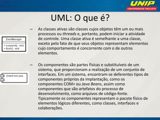 UML: O que é? 
–As classes ativas são classes cujos objetos têm um ou mais processos ou threads e, portanto, podem iniciar a atividade de controle. Uma classe ativa é semelhante a uma classe, exceto pelo fato de que seus objetos representam elementos cujo comportamento é concorrente com o de outros elementos. 
–Os componentes são partes físicas e substituíveis de um sistema, que proporcionam a realização de um conjunto de interfaces. Em um sistema, encontram-se deferentes tipos de componentes próprios da implantação, como os componentes COM+ ou Java Beans, assim como componentes que são artefatos do processo de desenvolvimento, como arquivos de código-fonte. Tipicamente os componentes representam o pacote físico de elementos lógicos diferentes, como classes, interfaces e colaborações.  