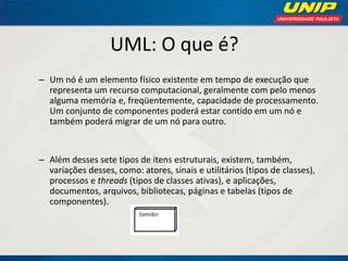 UML: O que é? 
–Um nó é um elemento físico existente em tempo de execução que representa um recurso computacional, geralmente com pelo menos alguma memória e, freqüentemente, capacidade de processamento. Um conjunto de componentes poderá estar contido em um nó e também poderá migrar de um nó para outro. 
–Além desses sete tipos de itens estruturais, existem, também, variações desses, como: atores, sinais e utilitários (tipos de classes), processos e threads (tipos de classes ativas), e aplicações, documentos, arquivos, bibliotecas, páginas e tabelas (tipos de componentes).  