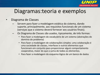 Diagramas:teoria e exemplos 
•Diagrama de Classes 
–Servem para fazer a modelagem estática do sistema, dando suporte, principalmente, aos requisitos funcionais de um sistema (serviços que o sistema deverá fornecer aos usuários finais). 
–Os Diagrama de Classes são usados, tipicamente, de três formas: 
•Para fazer a modelagem do vocabulário de um sistema (abstrações do domínio do problema) 
•Para fazer a modelagem de colaborações simples: uma colaboração é uma sociedade de classes, interfaces e outros elementos que funcionam em conjunto para proporcionar algum comportamento cooperativo, maior do que a soma de todos os elementos. 
•Para fazer a modelagem do esquema lógico de um banco de dados  