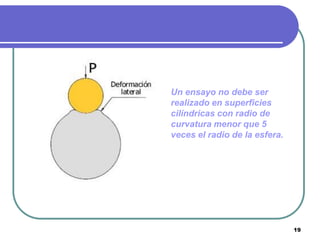 Un ensayo no debe ser
realizado en superficies
cilíndricas con radio de
curvatura menor que 5
veces el radio de la esfera.




                               19
 