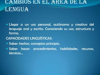 CAMBIOS EN EL ÁREA DE LA
LENGUA
 Llegar a un uso personal, autónomo y creativo del
lenguaje oral y escrito. Conociendo su uso, estructura y
forma.
CAPACIDADES LINGUÍSTICAS:
 Saber: hechos, conceptos principio.
 Saber hacer: procedimientos, habilidades, recursos,
técnicas…
 