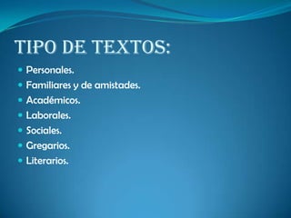 Tipo de textos:
 Personales.
 Familiares y de amistades.
 Académicos.
 Laborales.
 Sociales.
 Gregarios.
 Literarios.
 