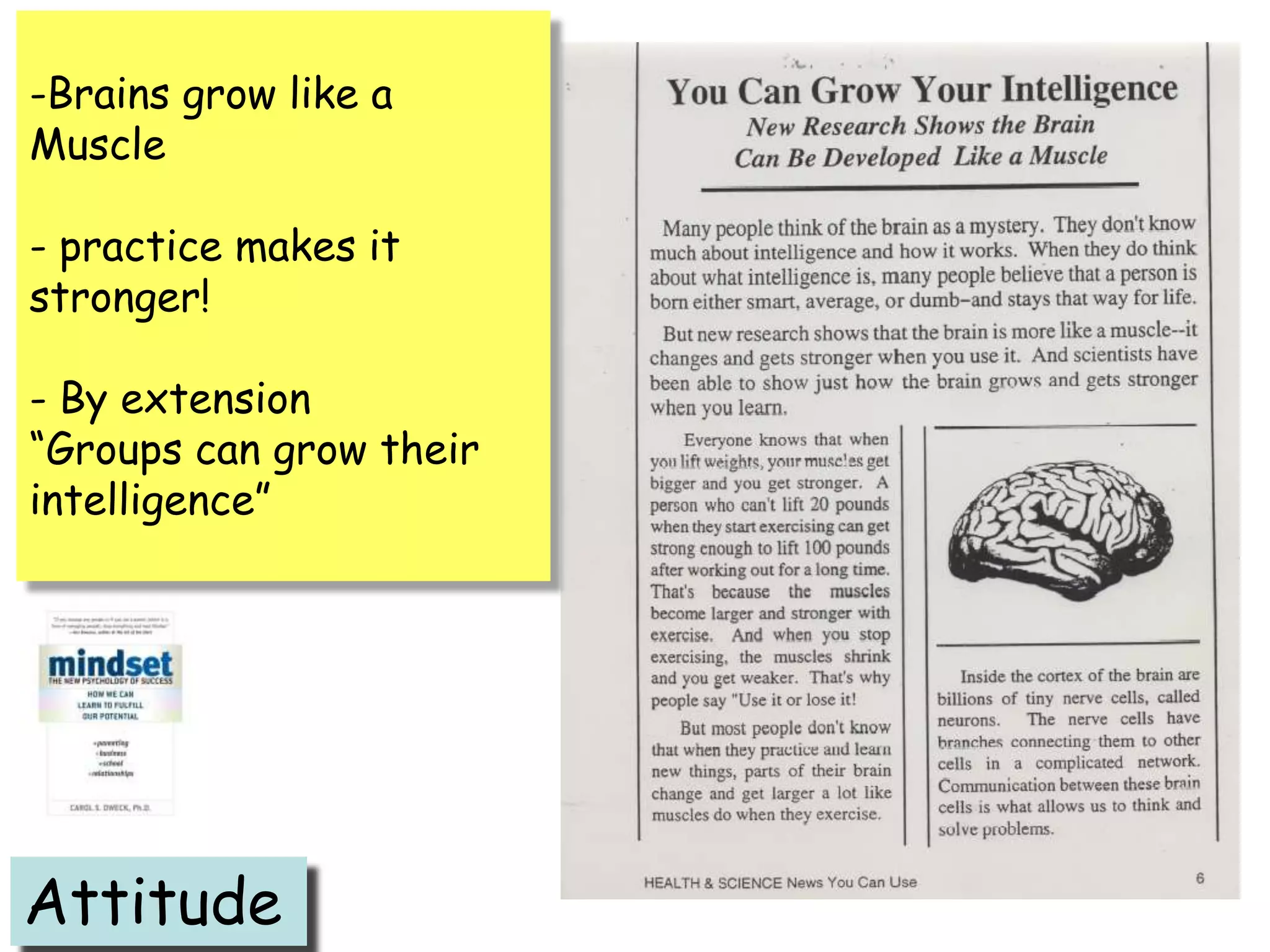 -Brains grow like a
Muscle

- practice makes it
stronger!

- By extension
“Groups can grow their
intelligence”




Attitude
 