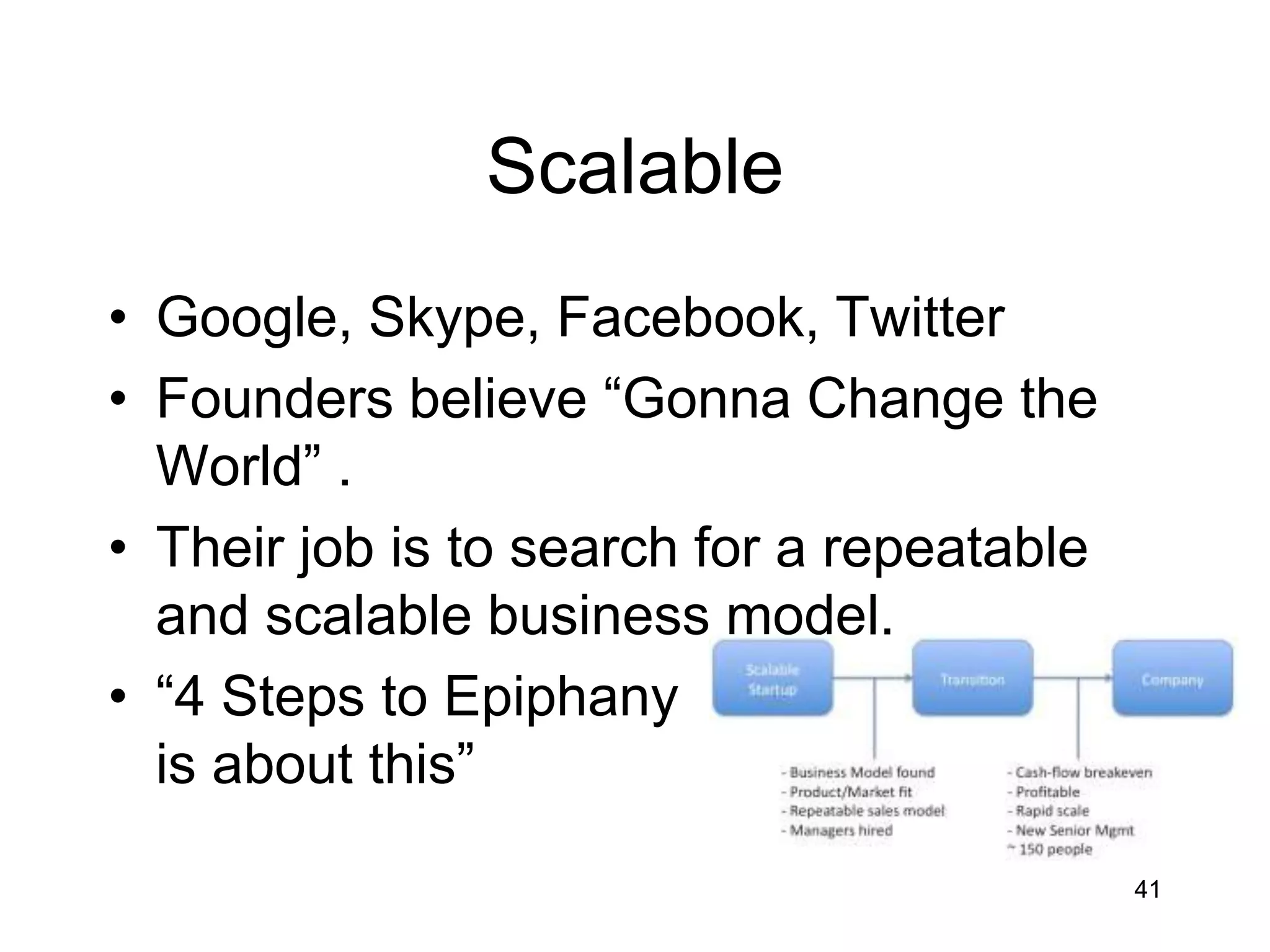 Scalable
• Google, Skype, Facebook, Twitter
• Founders believe ―Gonna Change the
  World‖ .
• Their job is to search for a repeatable
  and scalable business model.
• ―4 Steps to Epiphany
  is about this‖

                                            41
 