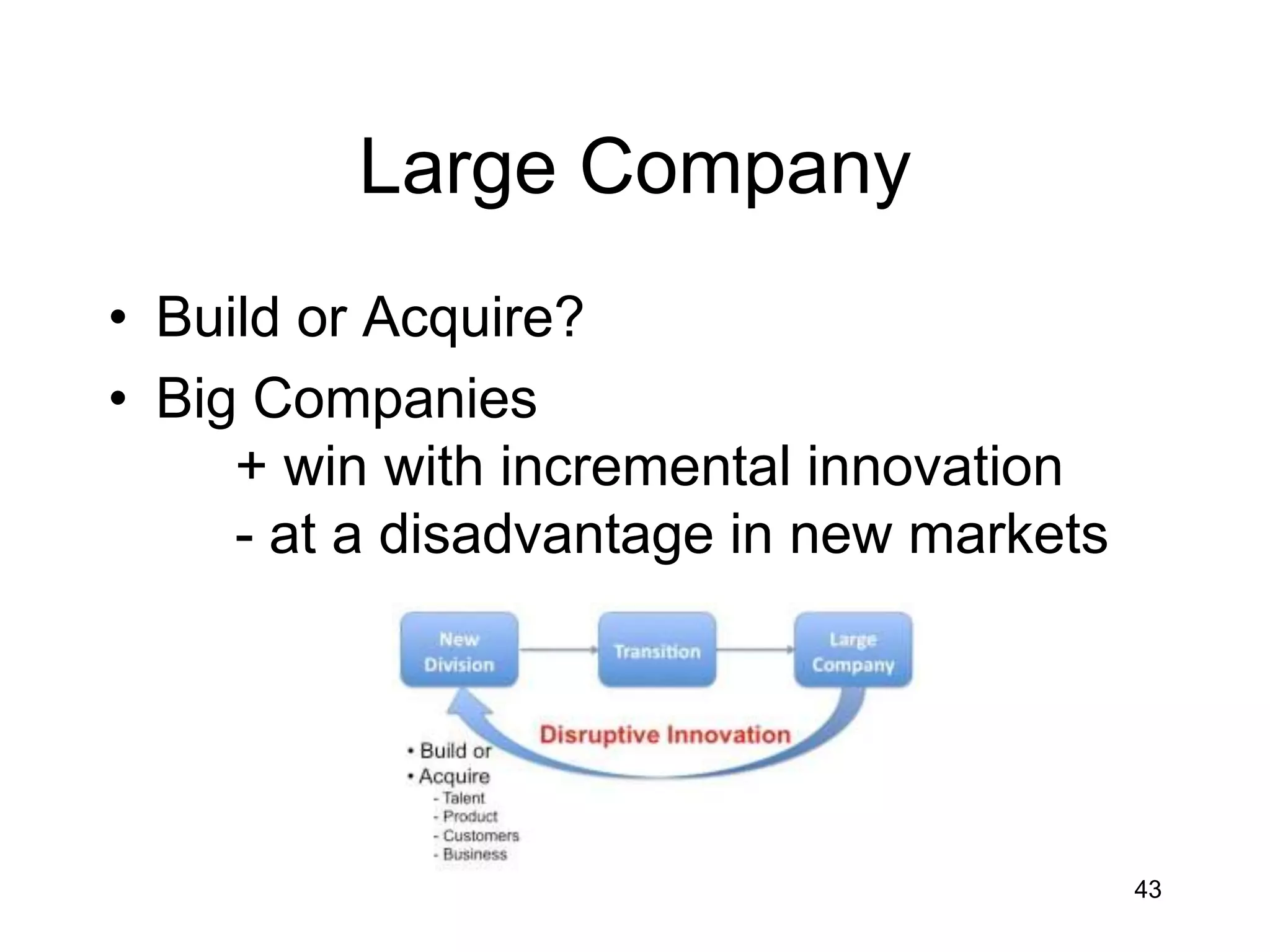 Large Company
• Build or Acquire?
• Big Companies
     + win with incremental innovation
     - at a disadvantage in new markets




                                          43
 