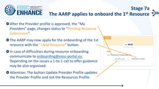 + Add Resource Template
After the Provider profile is approved, the “My
Providers” page, changes status to “Pending Resource
Submission”.
The AARP may now apply for the onboarding of the 1st
resource with the “+Add Resource” button.
In case of difficulties during resource onboarding
communicate to onboarding@eosc-portal.eu.
Depending on the issues a 1-to-1 call to offer guidance
may be also organised.
Attention: The button Update Provider Profile updates
the Provider Profile and not the Resources Profile.
Stage 7a
The AARP applies to onboard the 1st Resource
 