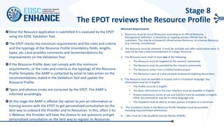 Once the Resource application is submitted it is assessed by the EPOT
using the EOSC Validation Tool.
The EPOT checks the minimum requirements and the rules and criteria
and the typology of the Resource Profile (mandatory fields, lengths,
types, etc.) and provides comments and recommendations for
improvements on the Validation Tool.
If the Resource Profile does not comply with the minimum
requirements, or the rules and criteria or the typology of the Resource
Profile Template, the AARP is contacted by email to take action on the
recommendations stated in the Validation Tool and update the
Resource Profile.
Typos and obvious errata are corrected by the EPOT. The AARP is
informed accordingly.
At this stage the AARP is offered the option to join an information or
training session with the EPOT to get personalized consultation on the
best way to onboard the Provider and its Resources. In this, often 1-to-
1 Webinar, the Provider will have the chance to ask questions and get
personalized consultation on the best way to register its Resources.
Stage 8
The EPOT reviews the Resource Profile
Minimum Requirements
1. Resources must be actual Resources according to an official Resource
Management definition. It should be an ongoing activity offered ‘live’ to
customers. This may be a (research) infrastructure Resource, or a human Resource
(e.g. training, consultancy).
2. The Resource must be coherent. It must be available and offer stand-alone value. It
may not be only a feature/component of a larger Resource.
3. The Resource must meet at least one of the following:
• The Resource must be targeted to the research community
• The Resource must be provided by the research community
• The Resource comes from a H2020 funded project
• The Resource is part of a procurement framework targeting researchers.
4. The Resource must be available in Europe and in a European language. Key
information must be in English:
• The Profile must be in English
• The Basic Information in the User Interface must be available in English
• Privacy statements, terms of use and SLA/SLS must be available in English.
Other documentation may be in native language only.
• The Helpdesk must be able to answer queries in English at a minimum.
5. The mandatory fields in the Resource Profile Template must be provided,
including required linked information.
6. URLs must be Fully Qualified Domain Names (FQDN).
 