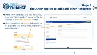 If the AARP wants to add a new Resources,
from the “My Providers” menu he/she is
directed to the “+Add Resource” button.
Upon completion the submit button has to
be clicked to save the updated information
on the Resource.
Stage 9
The AARP applies to onboard other Resources
+ Add Resource Template
 