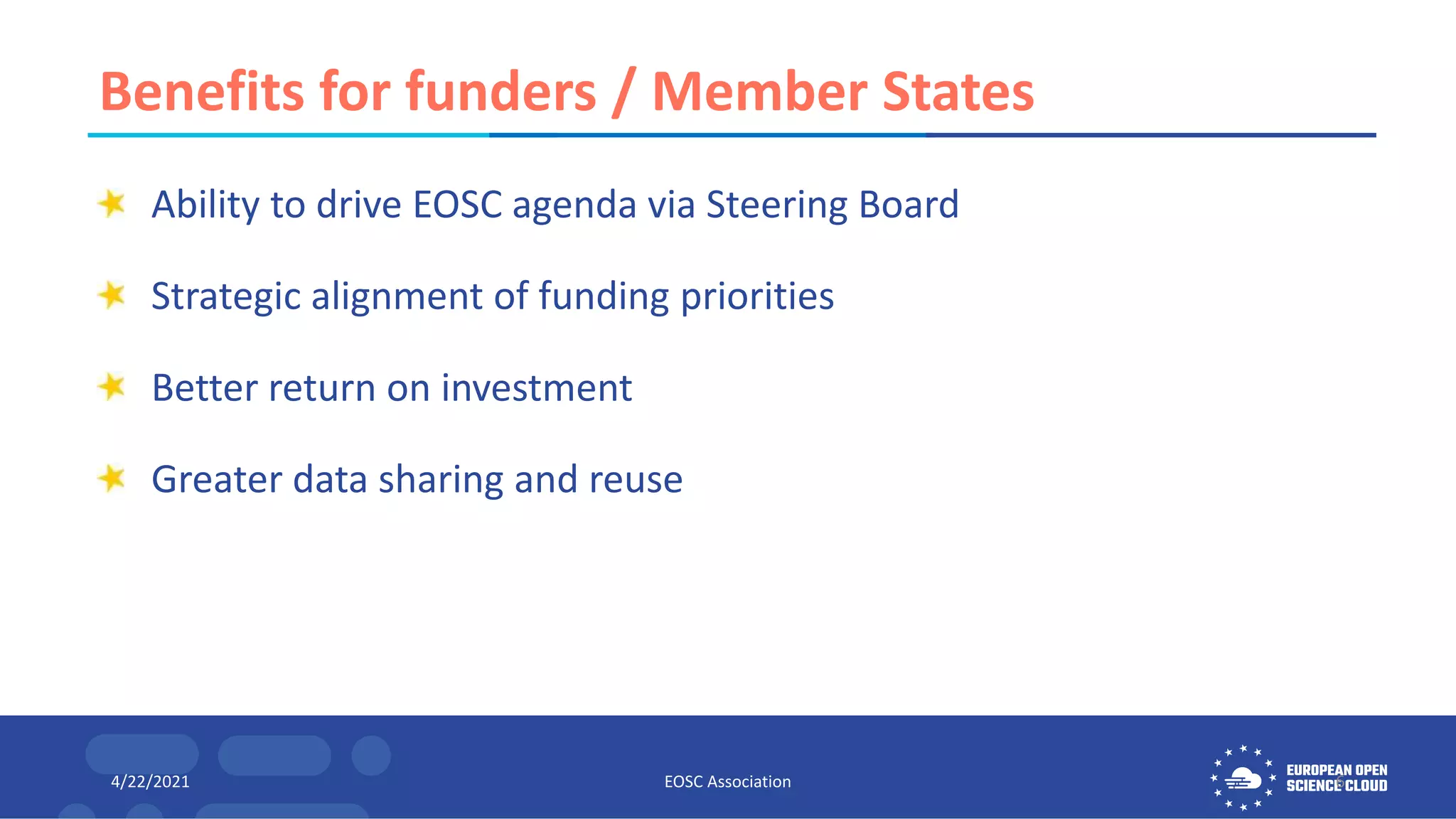 Benefits for funders / Member States
Ability to drive EOSC agenda via Steering Board
Strategic alignment of funding priorities
Better return on investment
Greater data sharing and reuse
4/22/2021 EOSC Association 6
