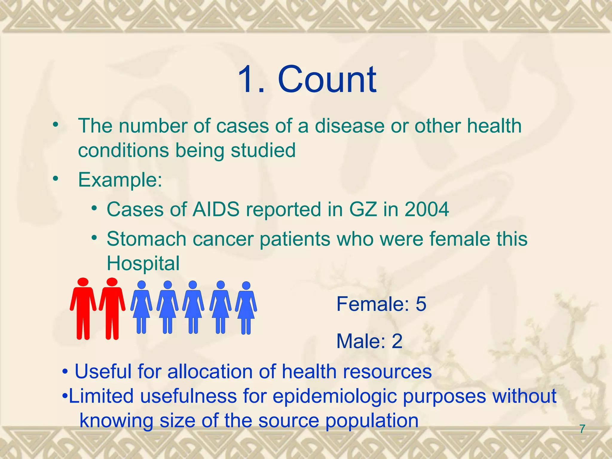 1. Count The number of cases of a disease or other health conditions being studied Example: Cases of AIDS reported in GZ in 2004 Stomach cancer patients who were female this Hospital Female: 5 Male: 2 •  Useful for allocation of health resources • Limited usefulness for epidemiologic purposes without knowing size of the source population 