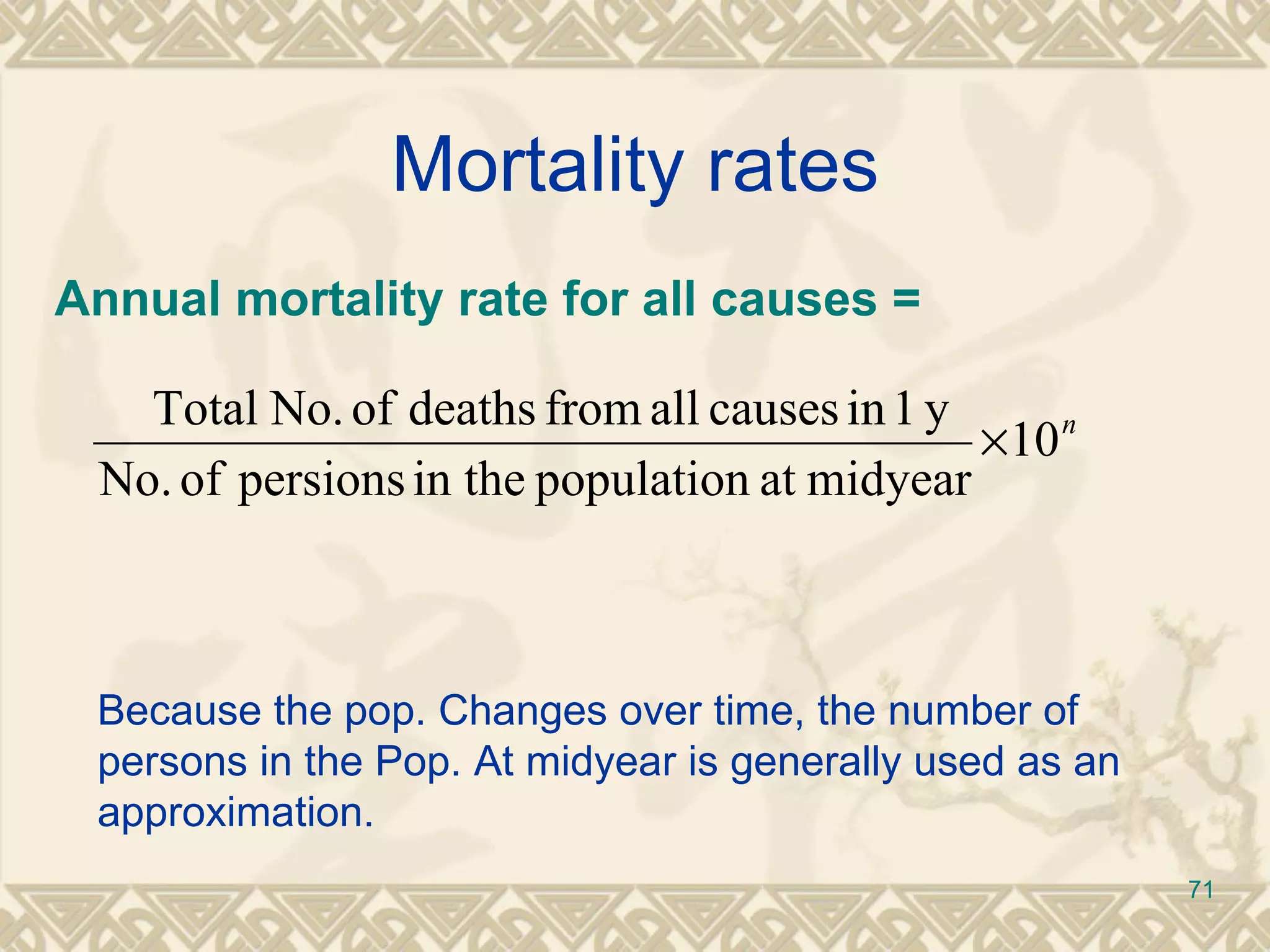 Mortality rates Annual mortality rate for all causes =   Because the pop. Changes over time, the number of persons in the Pop. At midyear is generally used as an approximation. 