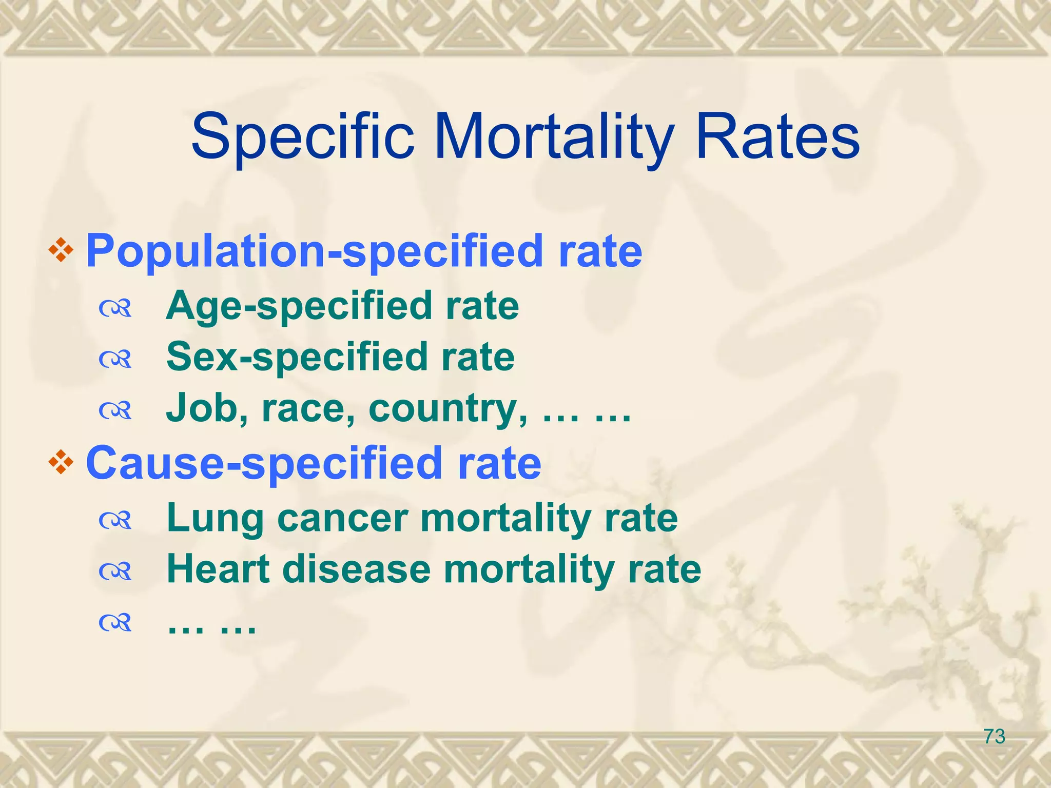 Specific Mortality Rates Population-specified rate Age-specified rate Sex-specified rate Job, race, country, … … Cause-specified rate Lung cancer mortality rate Heart disease mortality rate … … 