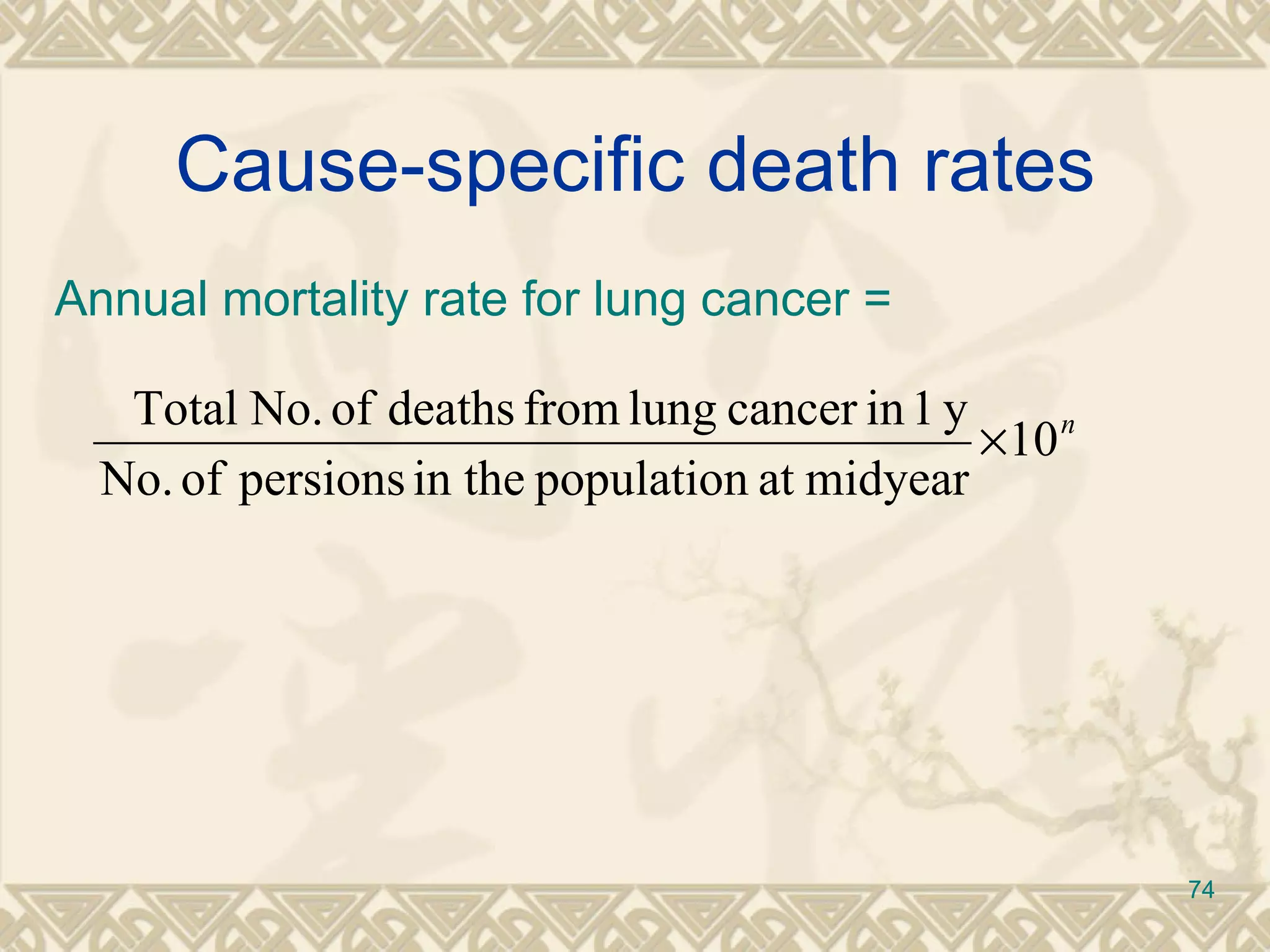 Cause-specific death rates Annual mortality rate for lung cancer =  