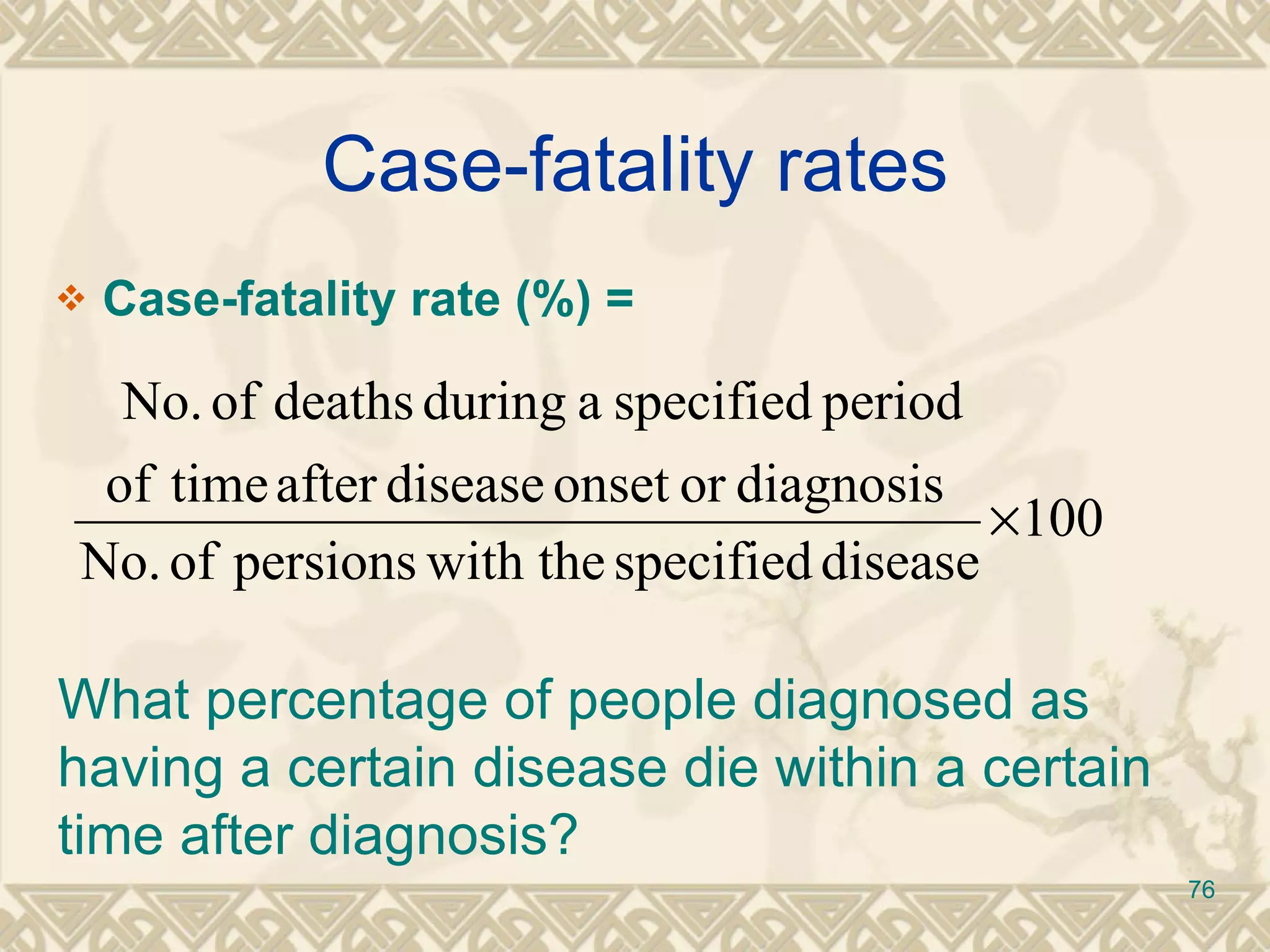 Case-fatality rates Case-fatality rate (%) = What percentage of people diagnosed as having a certain disease die within a certain time after diagnosis? 