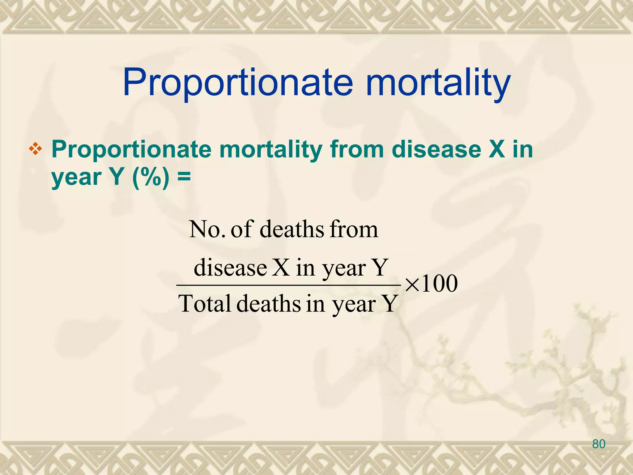 Proportionate mortality Proportionate mortality from disease X in year Y (%) = 