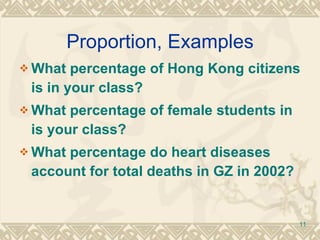 Proportion, Examples What percentage of Hong Kong citizens is in your class? What percentage of female students in is your class? What percentage do heart diseases account for total deaths in GZ in 2002? 