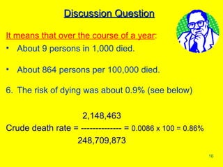 Discussion Question It means that over the course of a year : About 9 persons in 1,000 died. About 864 persons per 100,000 died. The risk of dying was about 0.9% (see below)   2,148,463 Crude death rate = -------------- =  0.0086 x 100 = 0.86%   248,709,873 
