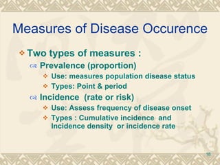 Measures of Disease Occurence Two types of measures  :  Prevalence (proportion) Use: measures population disease status  Types: Point & period  Incidence  (rate or risk) Use: Assess frequency of disease onset  Types : Cumulative incidence  and Incidence density  or incidence rate 
