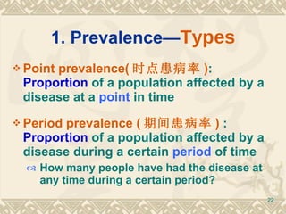 1. Prevalence— Types Point prevalence( 时点患病率 ) :  Proportion  of a population affected by a disease  at a  point  in time Period prevalence ( 期间患病率 )  :  Proportion  of a population affected by a disease  during a certain  period  of time How many people have had the disease at any time during a certain period? 