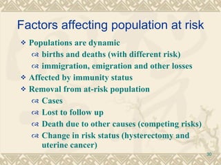 Factors affecting population at risk Populations are dynamic births and deaths (with different risk) immigration, emigration and other losses Affected by immunity status Removal from at-risk population Cases Lost to follow up Death due to other causes (competing risks) Change in risk status (hysterectomy and uterine cancer) 