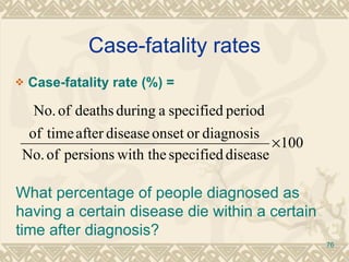 Case-fatality rates Case-fatality rate (%) = What percentage of people diagnosed as having a certain disease die within a certain time after diagnosis? 